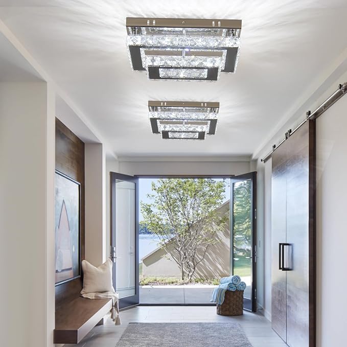Finktonglan Crystal LED Flush Mount Ceiling Light, 11.8"×9.1" Rectangular Close to Ceiling Light, 24W 6500K Cool White Daylight, K9 Crystal & Stainless Steel, Non-Dimmable