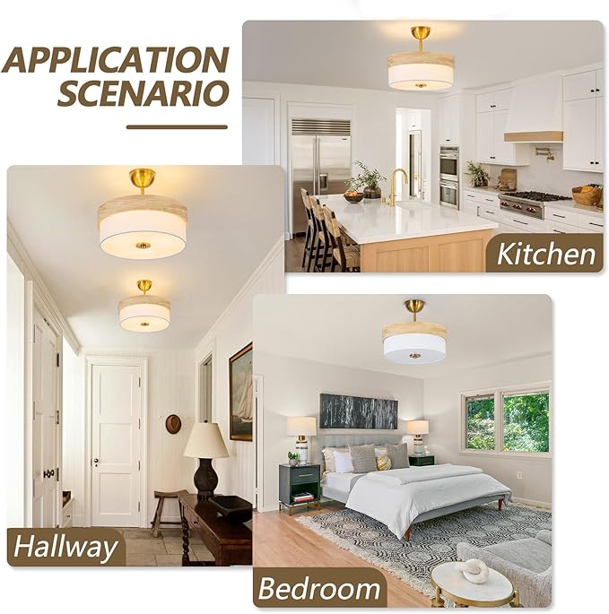 Bargeni Semi Flush Mount Ceiling Light Fixture,13 Inch Gold Light Fixtures Ceiling Mount, Natural Wood Trim with Cream White Fabric Shade, Modern Flush Mount Light Fixture for Bedroom,Hallway,Kitchen