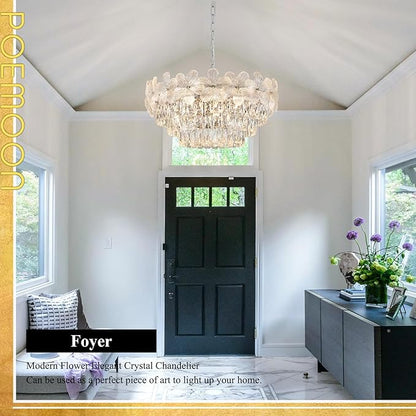 Chrome Modern Flower Crystal Chandelier 11 Lights 6-Tier Luxury Chandelier Light Fixture 24" for Living Dining Room Kitchen Entryway Bedroom Foyer, E12