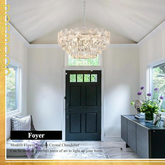 Chrome Modern Flower Crystal Chandelier 11 Lights 6-Tier Luxury Chandelier Light Fixture 24" for Living Dining Room Kitchen Entryway Bedroom Foyer, E12