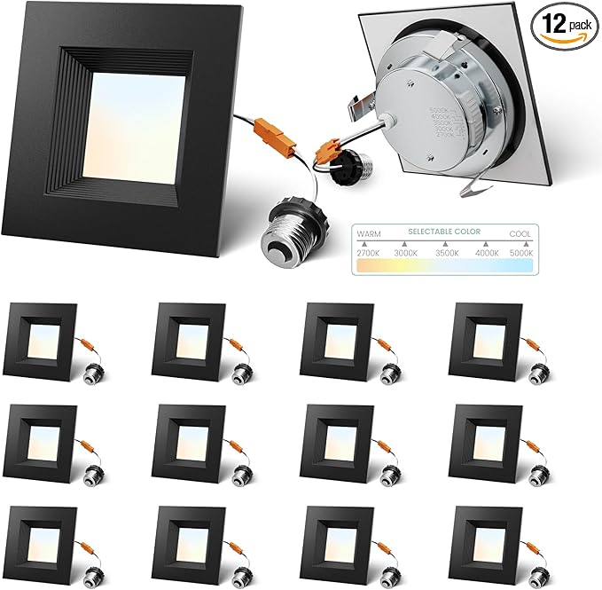 4 Inch Led Recessed Lights Square,Led Downlight Square Black,with Baffle Anti-Glare,5CCT 2700K-5000K Dimmable,9W 800LM,ETL & ES(12 Pack)