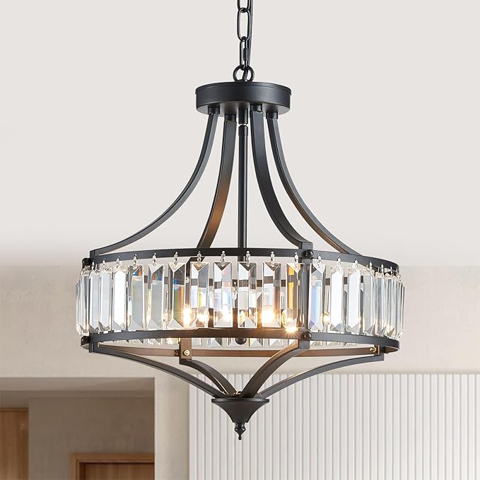 Black Crystal Chandeliers for Dining Room, Round Rustic Farmhouse Chandelier with Metal Shade 4-Light Modern Pendant Lighting for Hallway, Bedroom, Foyer