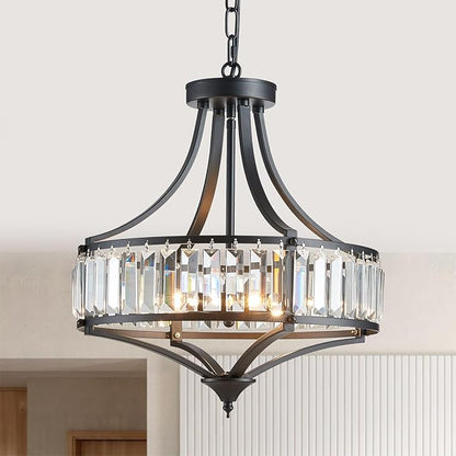 Black Crystal Chandeliers for Dining Room, Round Rustic Farmhouse Chandelier with Metal Shade 4-Light Modern Pendant Lighting for Hallway, Bedroom, Foyer