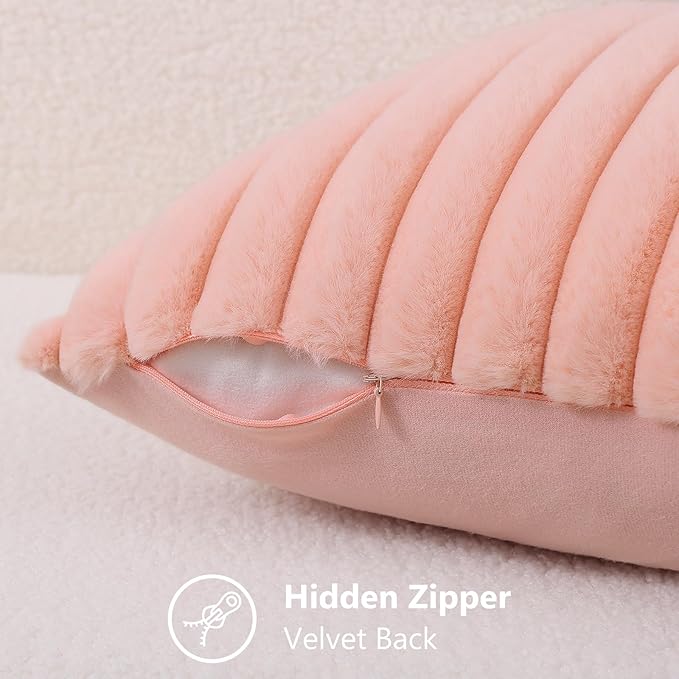 decorUhome Summer Cozy Faux Fur Throw Pillow Covers 26x26 Set of 2 Decorative Plush Striped Modern Farmhouse Boho Couch Euro Sham Pillow Cases with Velvet Back for Sofa Bed Living Room, Blush Pink