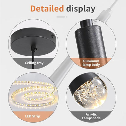 3 Pack Modern Black LED Pendant Light, Kitchen Island Ceiling Hanging Lights, Teardrop Bubble Crystal, 3 Color 2700K/4500K/6500K, Bedside Small Chandeliers Lamps for Bar, Dining Room, Hallway, Foyer
