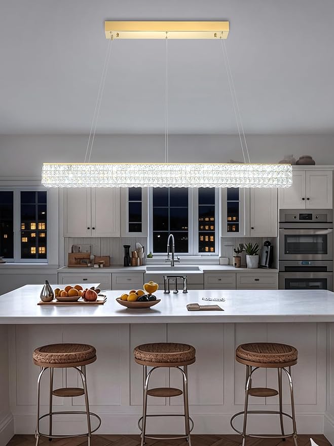 ykolupty W48 Rectangular Gold Crystal Chandelier Modern Rectangle Pendant Ceiling Light Fixture for Living Room Dining Room Kitchen Island Bar