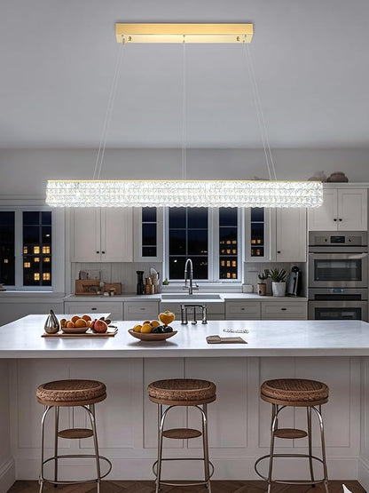 ykolupty W48 Rectangular Gold Crystal Chandelier Modern Rectangle Pendant Ceiling Light Fixture for Living Room Dining Room Kitchen Island Bar