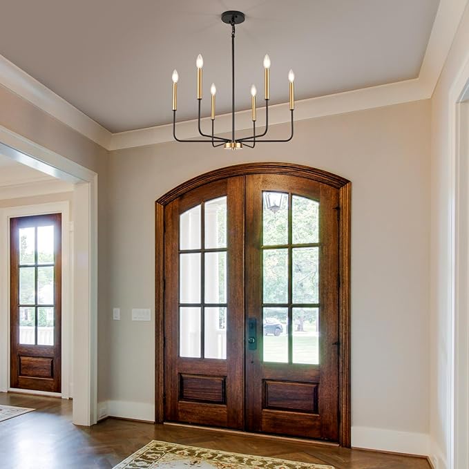 Black and Gold Chandelier, Modern Farmhouse Dining Room Light Fixture 6-Light Chandelier with Chain, Metal Hanging Lighting Fixtures Candle Dining Lights for Kitchen, Living Room, Bedroom,Foyer