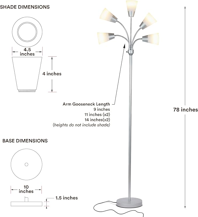 Brightech Medusa Modern LED Floor Lamp – Multi Head Floor Lamp for Living Rooms & Offices – Tall Lamp with Interchangeable Shade, Standing Lamp with 5 LED Bulbs for Hobbies - Silver