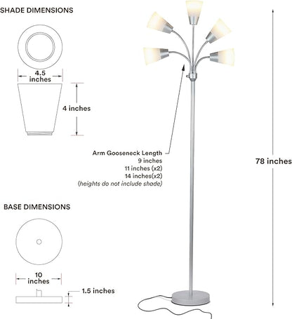 Brightech Medusa Modern LED Floor Lamp – Multi Head Floor Lamp for Living Rooms & Offices – Tall Lamp with Interchangeable Shade, Standing Lamp with 5 LED Bulbs for Hobbies - Silver