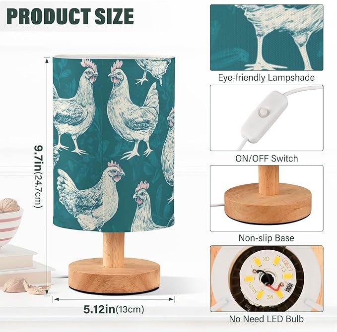 Bedside Table Lamp Chicken Animals Teal Nightstand Lamp with Wood Desk Lamps for Bedroom Living Room Nursery Office Home Decor