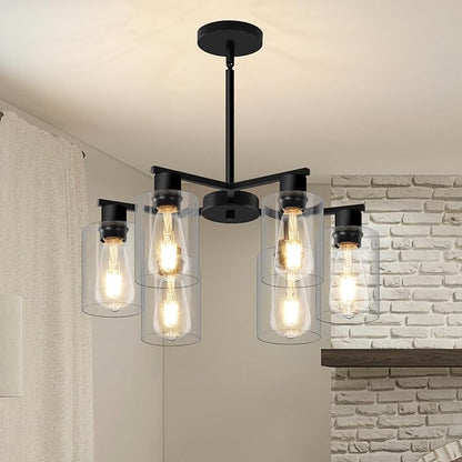 6-Light Modern Black Chandelier Farmhouse Dining Room Light Fixture with Clear Glass Shade Hanging Ceiling Pendant Lighting for Kitchen Island Living Room Hallway