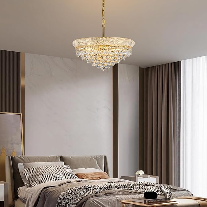 Crystal Chandeliers for Dining Room Light Fixtures Over Table, Empire Style k9 Crystal Chandelier for Bedroom, 9 Lights Gold Luxury Lighting Fixtures for Living Room Kitchen lsland Entryway D22 Inch