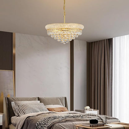 Crystal Chandeliers for Dining Room Light Fixtures Over Table, Empire Style k9 Crystal Chandelier for Bedroom, 9 Lights Gold Luxury Lighting Fixtures for Living Room Kitchen lsland Entryway D22 Inch