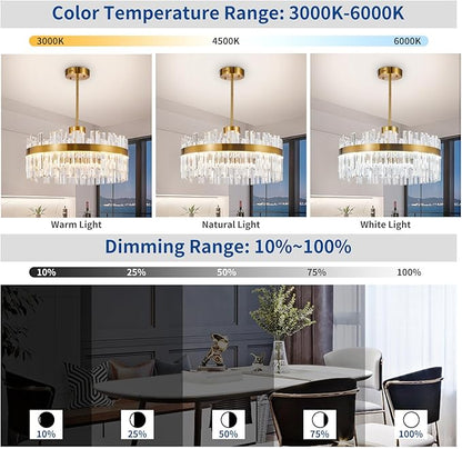 Depuley Modern Gold Crystal Chandeliers: 23.6" Dimmable LED Chandeliers Light Fixture with Remote Control - 3 Colors Contemporary Pendant Ceiling Light for Dining Living Room Kitchen Island Foyer