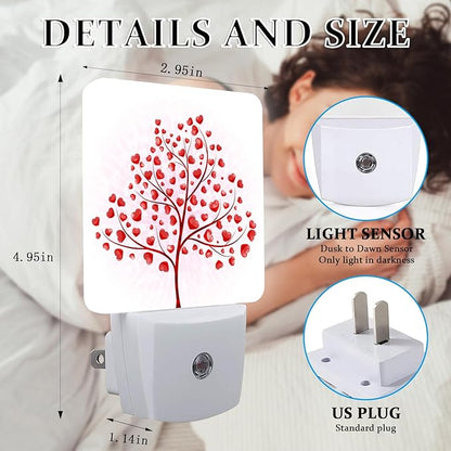 Red Heart Tree Night Light, Plug-into Wall Valentine's Love Leaves Nightlight Lamp with Dusk to Dawn Sensor, Led Lamp 0.5W Energy Efficient for Boys Girls Adults Home Decor