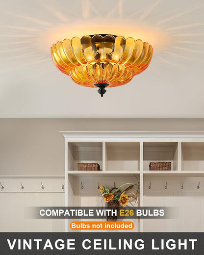 ANYLOVE Modern 12Inch Amber Flower Glass Semi Flush Mount Ceiling Light, 3 Light for Living Room Bedroom Hallway Entryway Foyer