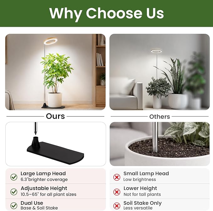 LBW Grow Lights for Indoor Plants, 6.3" Full Spectrum Plant Light with Base, 65" Height Adjustable Grow Lamp, 6/8/12/16H Auto Timer, 3 Colors, 5 Dimmable Levels, for Tall Large Plants, Bamboo Grain