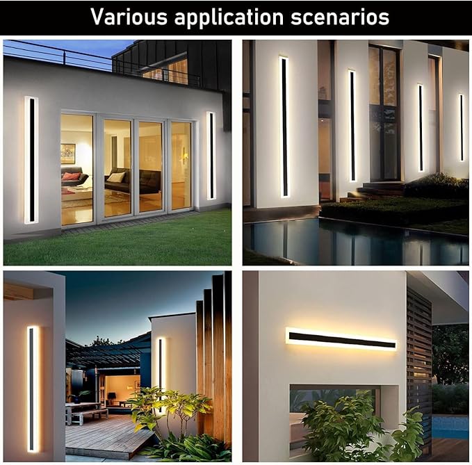 2Pack-71inch Long Outdoor Modern LED Wall Light,55W Waterproof IP65 Warm White 110V led Wall Mount Lighting Fixture Rectangular Black Wall Lights Elegant Frosted White Acrylic Anti Rust.