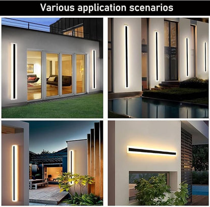 2Pack-71inch Long Outdoor Modern LED Wall Light,55W Waterproof IP65 Warm White 110V led Wall Mount Lighting Fixture Rectangular Black Wall Lights Elegant Frosted White Acrylic Anti Rust.