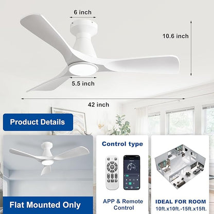 DLLT 42-Inch Ceiling Fans with Lights: Flush Mount Ceiling Fan 3 Blades for Indoor Outdoor - White Ceiling Fan with Remote APP Control Noiseless for Low Profile Bedroom
