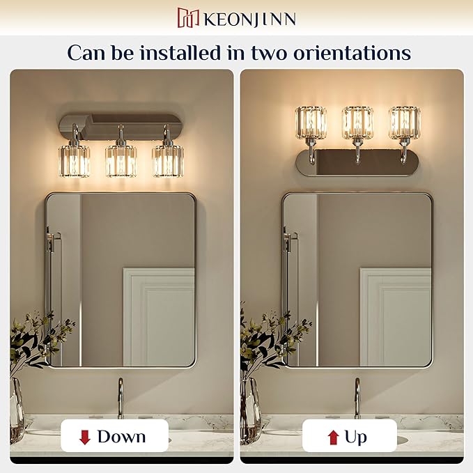 Keonjinn 3-Light Chrome Bathroom Light Fixtures, Crystal Bathroom Vanity Lights Over Mirror, Chrome Vanity Lighting Fixtures with Crystal Square Shades (E26 Base, Exclude Bulb)