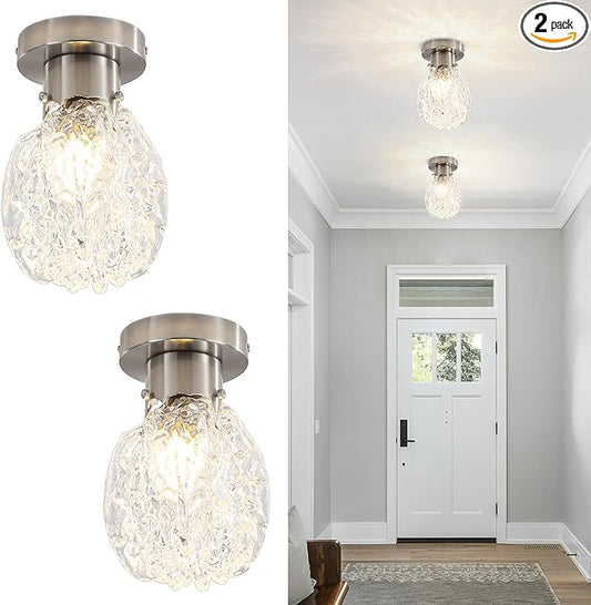 Vintage Glass Semi Flush Mount Ceiling Light Silver, 2 Pack Hammered Glass Hallway Ceiling Light Fixture, Small Close to Ceiling light for Living Room Bedroom Bathroom Kitchen Entryway with E26 Base