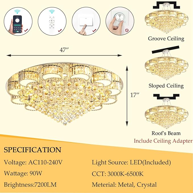 47" Silver Modern Crystal Chandeliers for Dining Room LED Dimmable Light Fixtures Flush Mount Light Living Room Bedrooms