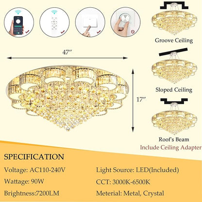 47" Silver Modern Crystal Chandeliers for Dining Room LED Dimmable Light Fixtures Flush Mount Light Living Room Bedrooms