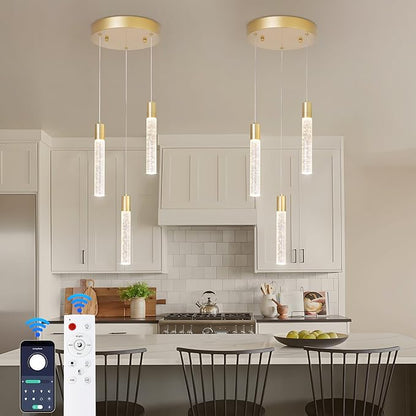 3 Light Pendant Lights Kitchen Island,Modern LED Bubble Crystal Pendants with Dimmable 3000K-6000K Ceiling Hanging Light Fixture for Dining Room Bedroom,Gold Finish,Adjustable Height 59"