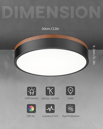 Ken & Ricky12inch Wood Flush Mount Ceiling Light,Black Light Fixtures Ceiling Mount,Led Dimmable 3000K/6500K for Bedroom,Kitchen,Hallway,Entyrway,Laundry Room,24W 5CCT 2PK