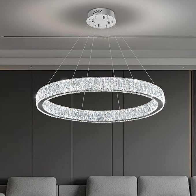 Modern LED Dimmable Crystal Chandelier 31.5" Ring Pendant Light Adjustable Round Chrome Crystal Chandelier Light Fixtures for Dining Room Living Room