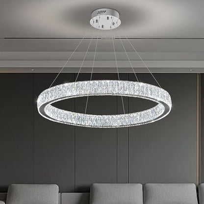 Modern LED Dimmable Crystal Chandelier 31.5" Ring Pendant Light Adjustable Round Chrome Crystal Chandelier Light Fixtures for Dining Room Living Room