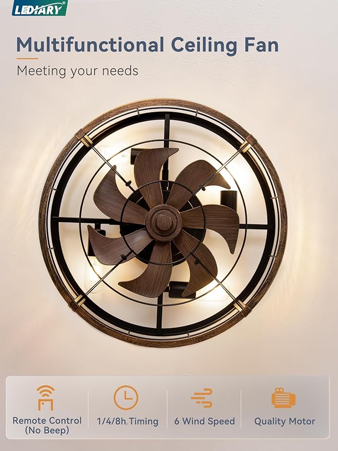 LEDIARY 23" Caged Ceiling Fan with Light and Remote, Low Profile Flush Mount Fandelier, Black Gold Bladeless Enclosed Small Fan Lights Ceiling Fixtures, Rustic Farmhouse Style for Bedroom, Outdoor