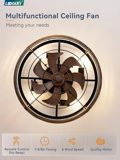 LEDIARY 23" Caged Ceiling Fan with Light and Remote, Low Profile Flush Mount Fandelier, Black Gold Bladeless Enclosed Small Fan Lights Ceiling Fixtures, Rustic Farmhouse Style for Bedroom, Outdoor