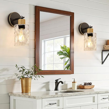 MOKATNG Set of 2 Wall Sconces for Bathroom, Coastal Modern Vanity Lights with Clear Glass Shade, Brown and Gold Bathroom Wall Lamp for Mirror Kitchen Living Room Hallway Cabinet Porch