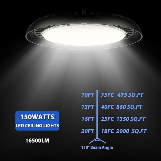 dephen 150W Plug in Ceiling Lights, 5000K LED Hanging Lamp, 16,500M High Bay with US Hook, AC120V Worklight for Garage Shop Basement Barn Warehouse, UL-Listed, 10 Pack