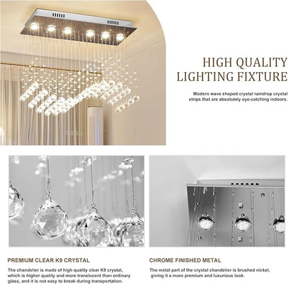Depuley Modern K9 Crystal Chandelier, 6-Light Rectangle Flush Mount Ceiling Light, Wave Raindrop Crystal Pendant Lighting for Dining Room Kitchen Living Room Bedroom, L29.5'' x W11.8'' x H25.6''