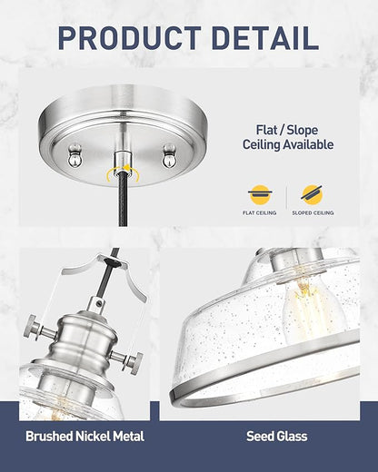kudos Brushed Nickel Pendant Lights Kitchen Island, Large Pendant Light with Seeded Glass, Industrial Hanging Lighting for Kitchen Sink Dining Room Bathroom,KDPL13-BN-S