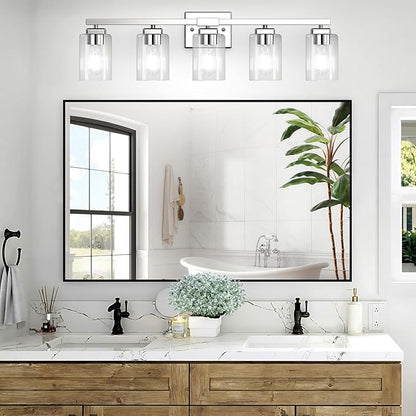 BesLowe 5-Light Bathroom Light Fixtures, Modern Chrome Bathroom Vanity Light, Bathroom Lighting Fixtures Over Mirror, Nickel Bathrom Wall Lamp, Wall Lights for Living Room Bedroom Hallway