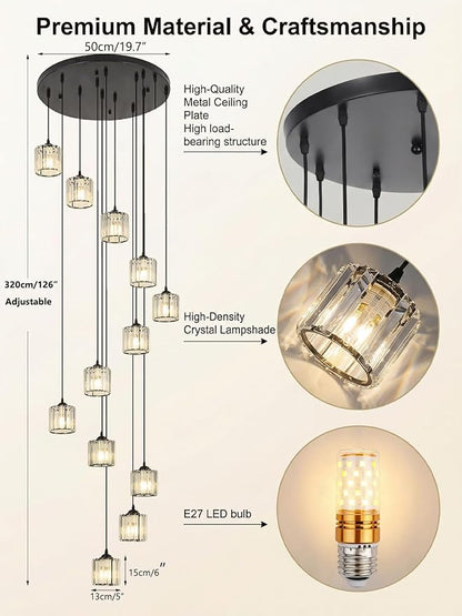 Long Chandeliers for High Ceilings,Modern Crystal Pendant Light,Raindrop Drop Lamp,Hanging Flush Mount Lighting Fixtures for Spiral Staircase,Foyer,Entryway,Living Room,Black (12 Lights)