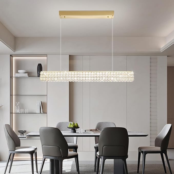 ykolupty Rectangle Crystal Chandelier Modern Gold Crystal Chandelier Rectangular Pendant Lighting Fixture for Dining Room Kitchen Island Bedroom (L 40")