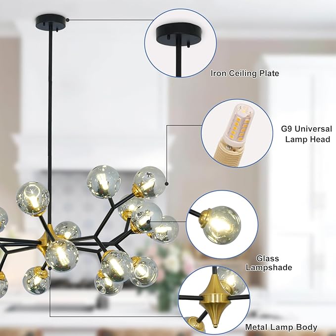 Depuley Glass Globe Sputnik Chandelier: 20-Light Modern Matte Black and Gold Ceiling Light Fixture - Vintage Hanging Chandeliers for Living Room Kitchen Dining Room Bedroom (Included G9 Bulbs)