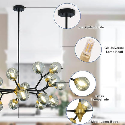 Depuley Glass Globe Sputnik Chandelier: 20-Light Modern Matte Black and Gold Ceiling Light Fixture - Vintage Hanging Chandeliers for Living Room Kitchen Dining Room Bedroom (Included G9 Bulbs)