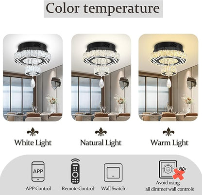 Flashing God 12" Modern Crystal Chandeliers Black Flush Mount Ceiling Chandelier Mini Chandelier for Hallway LED Dimmable Crystal Pendant Light for Dining Room Living Room Bedroom