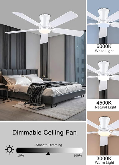 JSAITEE 52Inch Ceiling Fan with Lights and Remotes, Modern Low Profile Flush Mount Ceiling Fans,DC Reversible Motor, 3CCT Dimmable,Noiseless,Dual Finish, White 6 Speeds Ceiling Fan for Indoor/Outdoor