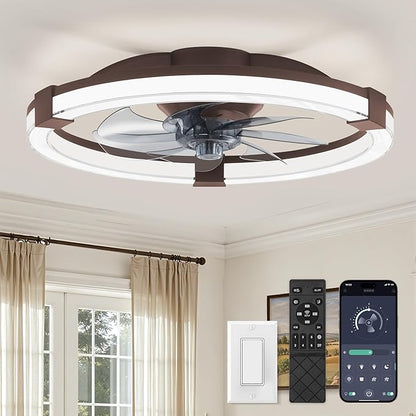 LEDIARY Ceiling Fans with Lights, 19.7 Inch Low Profile Ceiling Fan with Remote, 6 Speeds, Reversible, Dimmable Flush Mount Fan Light, Modern Fandelier Ceiling Fan with Lights for Bedroom, Brown