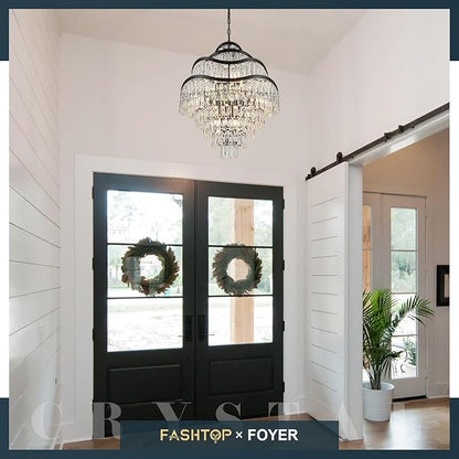 9-Tier 16 Lights Crystal Chandelier Luxury Light Fixtures 24" Black K9 Crystal Pendant Ceiling Lighting for Living Room Dining Room Foyer Bedroom Kitchen, E12