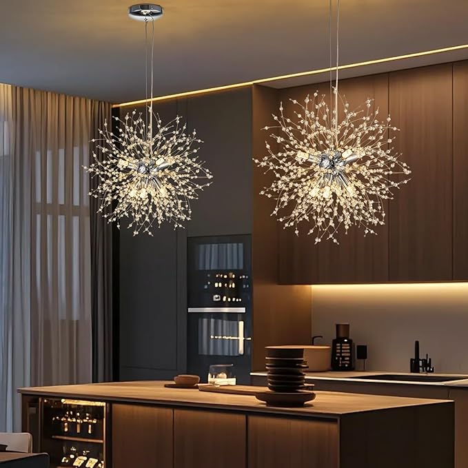 SineRise Modern Crystal Chandeliers Firework, Crystal Light Fixture, Dandelion Chandelier (8-Light, Chrome) for Foyer Hallway Entryway Kitchen Bedroom with Plug in (Bulbs Not Included)