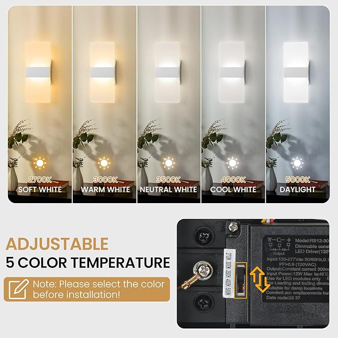 Modern LED Wall Sconces Set of Two, 12 Inch Indoor Dimmable Brushed Nickel Wall Lights, 12W 2700K-5000K Adjustable, Hardwired Acrylic Wall Sconces for Living Room Bedroom Hallway, ETL